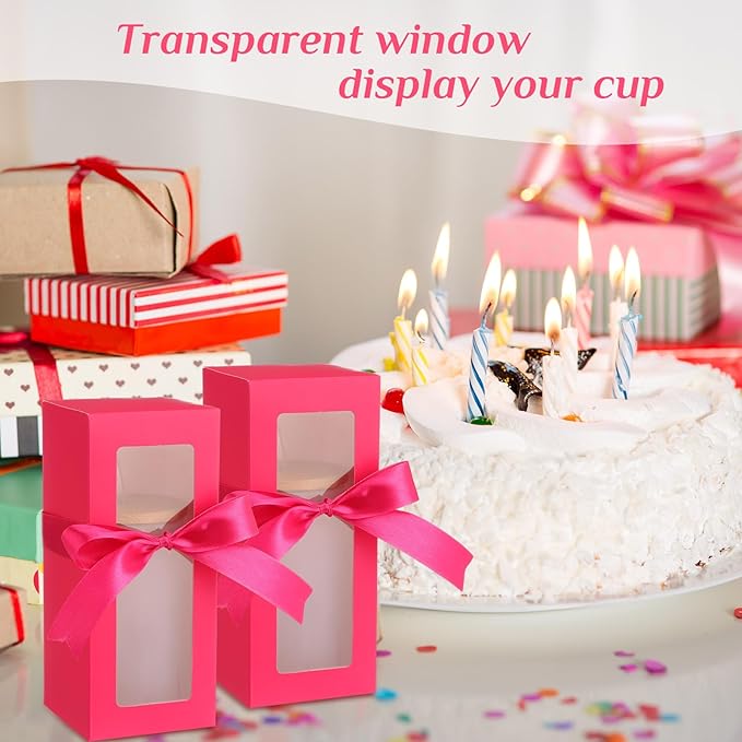 Honoson 24 Pcs Tumbler Gift Box with Ribbon for Sublimation Glass Exhibition Boxes Transparent for 12oz 16oz 20oz Drinking Cup Glasses Jars Mug Can Blanks(Hot Pink)