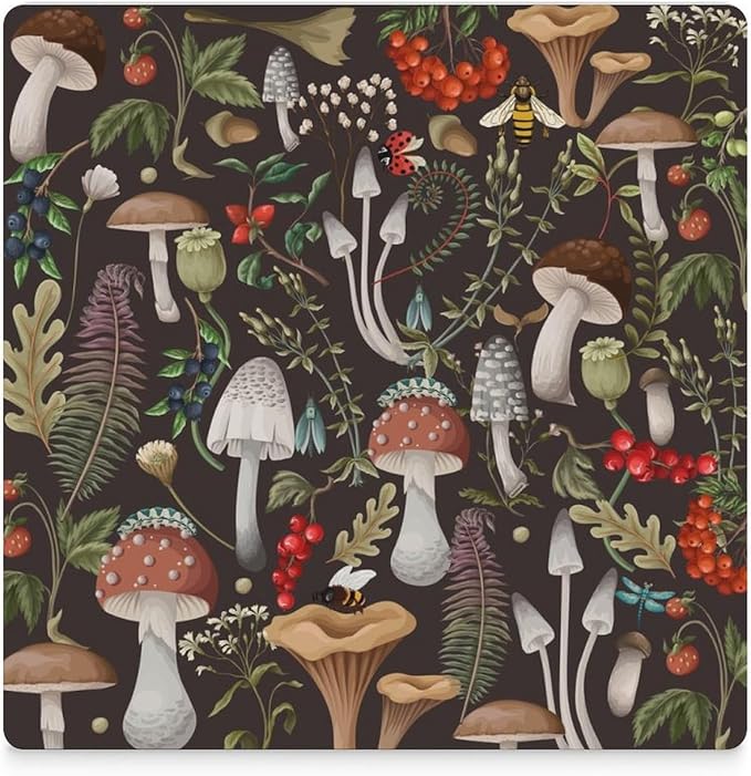 Square-4PCS Botanical Ceramic Coasters, Square Absorbent Drink Coasters, Vintage Cartoon Abstract Botanical Mushroom Plants Pattern Ceramic Table Coasters for Coffee, Beverage, Wine, Beer Coasters