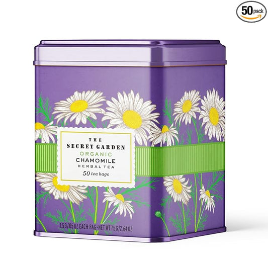 Life Plus Style Gourmet The Secret Garden Organic Chamomile Herbal Tea Bags Caffeine-Free Non GMO Gluten Free 50 Tea Bags Classic Tin