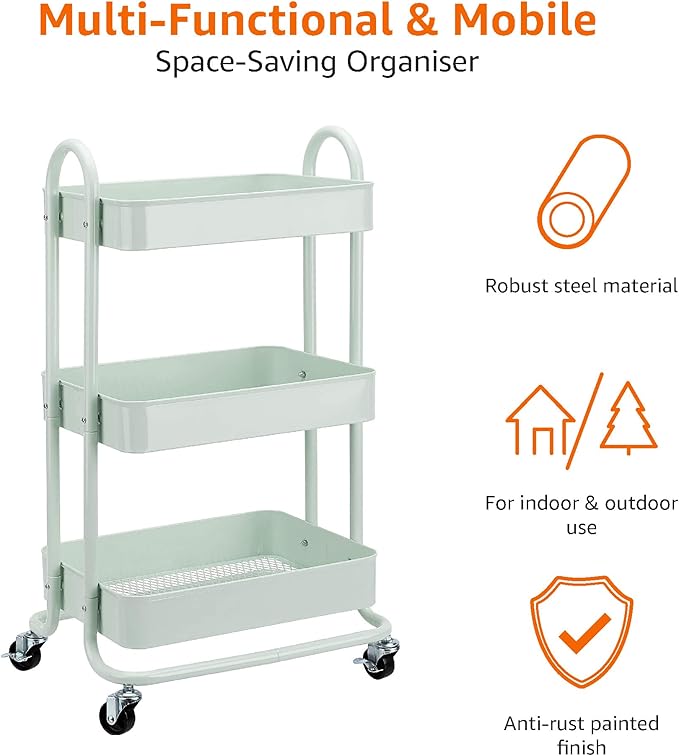 Amazon Basics 3-Tier Metal Rolling Utility or Kitchen Cart - Mint Green