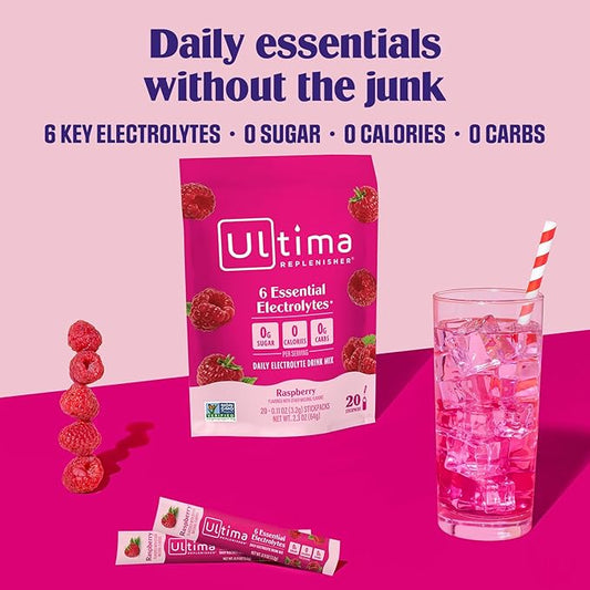 Ultima Replenisher Daily Electrolyte Powder – Raspberry, 20 Stickpacks – Zero Sugar Hydration Packets with 6 Electrolytes and Minerals – Sugar Free, Plant Based & Keto Friendly Drink Mix