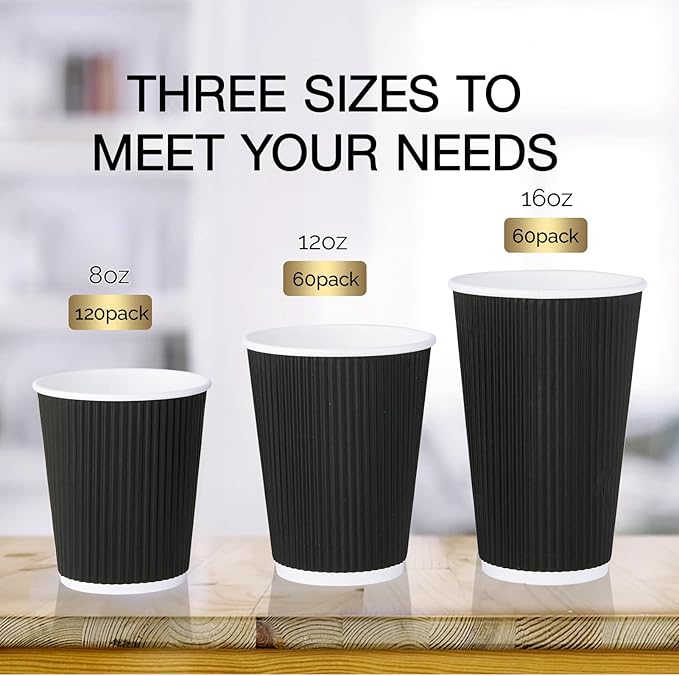 JollyPack 60 Pack 12 oz Paper Coffee Cups, Black Disposable Beverage Cups with Insulated Ripple Wall for Coffee, Tea, and Hot Chocolate