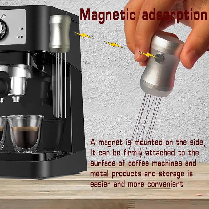WDT Tool Espresso Distributor - Magnetic Espresso Distribution Tool with 8 x 0.4mm Stainless Steel Needles, Includes 3 Extra Replaceable Needles, Precision Espresso Stirrer (Silver)
