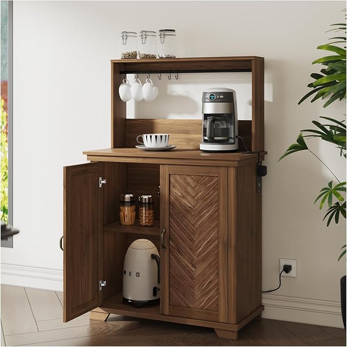 Farmhouse Coffee Bar Cabinet with Storage,31.5" Kitchen Cabinet with Hooks and Charging Station,Coffee Station with Adjustable Shelf and Hutch,Sideboard for Living Dining Room