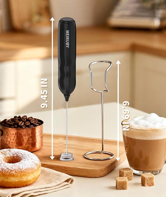 MEIRUBY 2-Pack Milk Frother Handheld with Stand, Valentines Day Gifts for Him and Her, Powerful Electric Coffee Frother, Coffee Lover Gift for Lattes, Cappuccino, Matcha & Hot Chocolate, Black/Pink