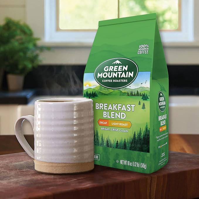 Green Mountain Coffee Roasters Breakfast Blend Decaf, Whole Bean Coffee, Light Roast, Bagged 18 oz (Pack of 3)