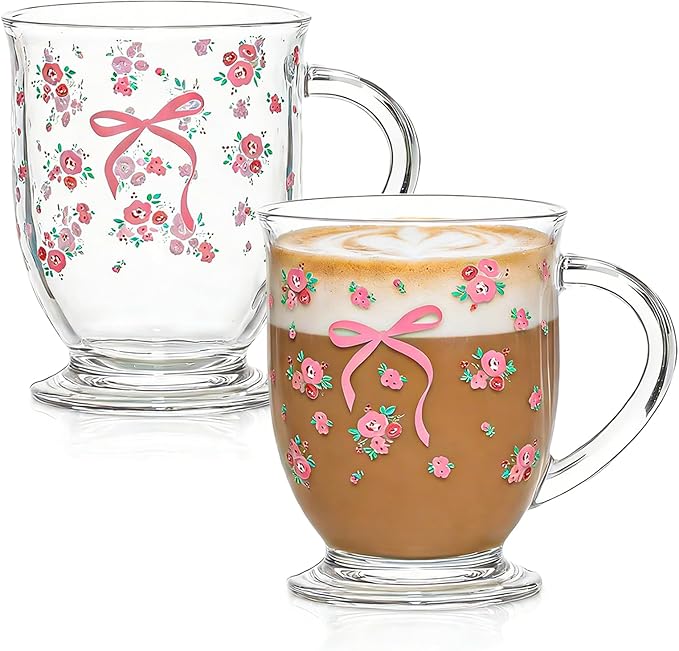 KEMORELA 16oz Valentine's glass coffee mugs Set of 2, Cute Pink Bow glass cup with Handle, Romantic Mug, Sweet Valentine's Gifts for Couple Drinking Glasses for Valentines Party- Dishwasher Safe