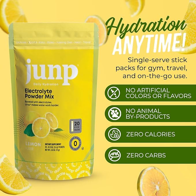 JUNP Sugar Free Electrolytes Powder Packets for Water Instant Hydration Packets with Salt & Potassium, Zero Calorie, No Carbs, No Sugar Electrolyte Drink Mix Sticks, Keto Friendly, Lemonade 20 Pack