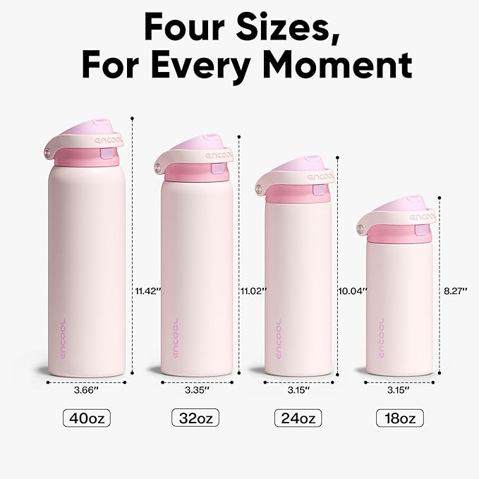 ENCOOL Leakproof Insulated Water Bottle with Straw Dual-Sip Water Bottle Bag-Safe Design for Work, Commute & Gym – Keeps Drinks Cold All Day, 24 oz, Macaron Pink