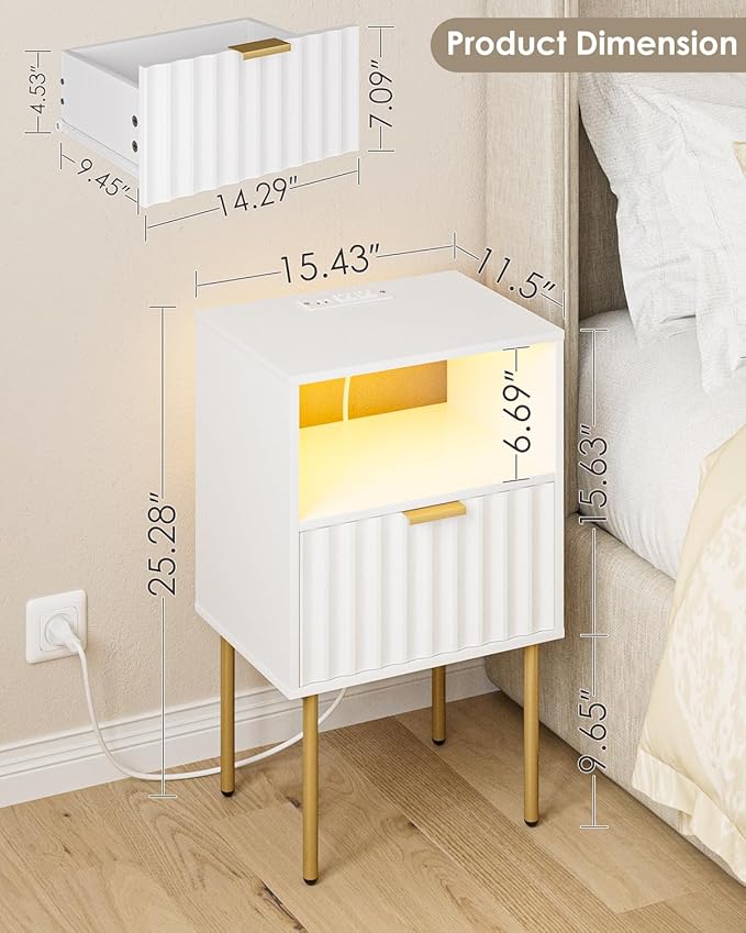 Nightstand with Charging Station and LED Lights, Modern White Bedside Table with Fluted Panel Drawer and Gold Legs, Side Table with USB Ports & Outlets for Bedroom, Living Room