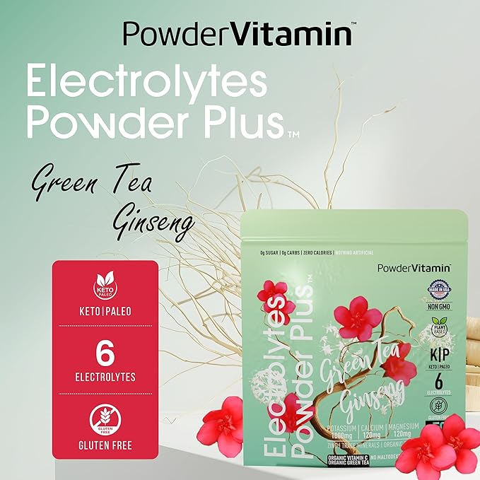 PowderVitamin Electrolytes Powder Plus (50 Servings) Green Tea Ginseng Electrolyte Powder Keto, Sugar Free, Pink Himalayan Salt,1000mg Potassium,120mg Calcium,120mg Magnesium, Hydration Powder