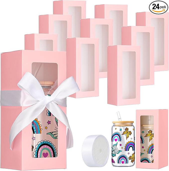 Honoson 24 Pcs Tumbler Gift Box with Ribbon for Sublimation Glass Exhibition Boxes Transparent for 12oz 16oz 20oz Drinking Cup Glasses Jars Mug Can Blanks(Pink)