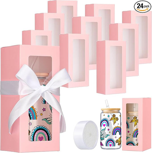 Honoson 24 Pcs Tumbler Gift Box with Ribbon for Sublimation Glass Exhibition Boxes Transparent for 12oz 16oz 20oz Drinking Cup Glasses Jars Mug Can Blanks(Pink)