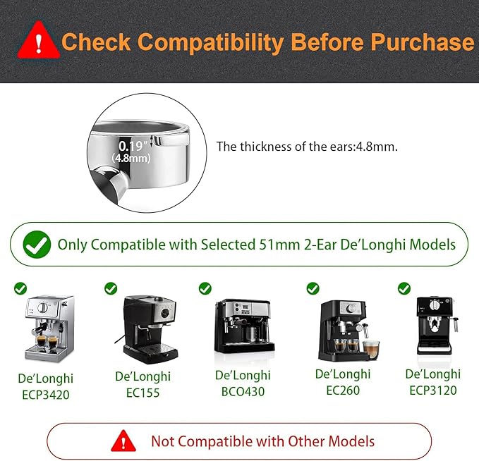 51mm Bottomless Portafilter Compatible for Delonghi ECP3420/ECP3120/EC155/BCO430/EC260 with Stainless Steel Double Shot Capacity Cup Filter Basket, 2 Ears