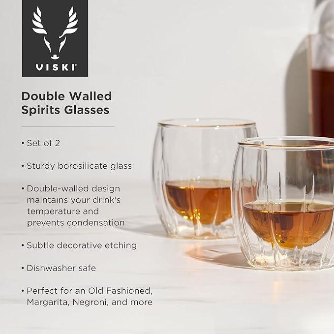 Viski Double-Walled Spirits Glasses, Insulated Liquor Tumblers with Cut Crystal Design, Dishwasher Safe 8.5 Oz, Clear, Set of 2
