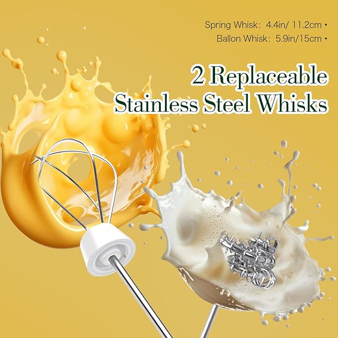 Milk Frother Hand Mixer, Rechargeable Electric Whisk, Cordless Handheld Foam Stirrer with 2 Heads 3 Speeds, For Latte, Cappuccino, Hot Chocolate, Egg, Protein Powder (White)