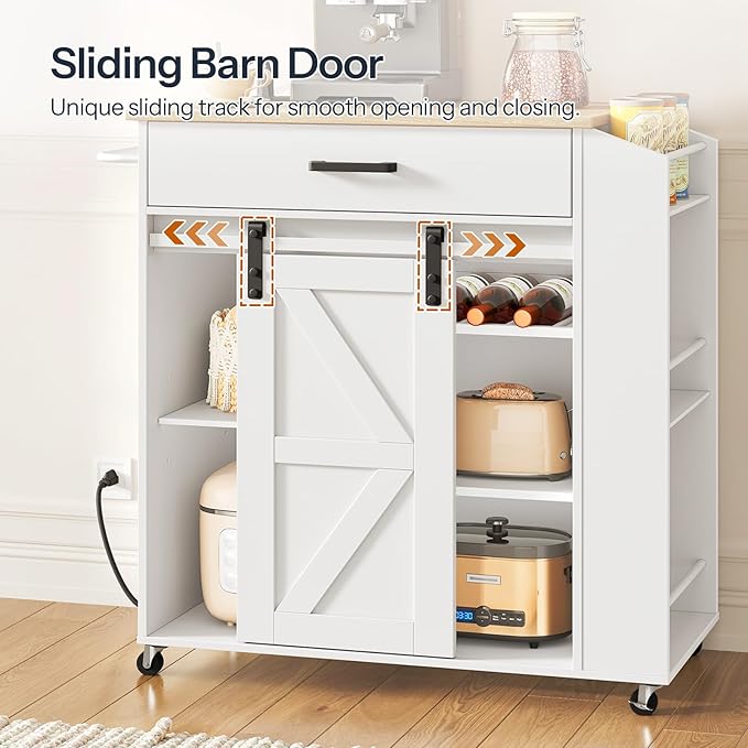 HOOBRO Kitchen Island on Wheels, Rolling Island Cart with Power Outlet, Kitchen Storage Table with Sliding Barn Doors, 1 Drawer and Spice Rack, for Home, Dining Room, White WN60UZD01