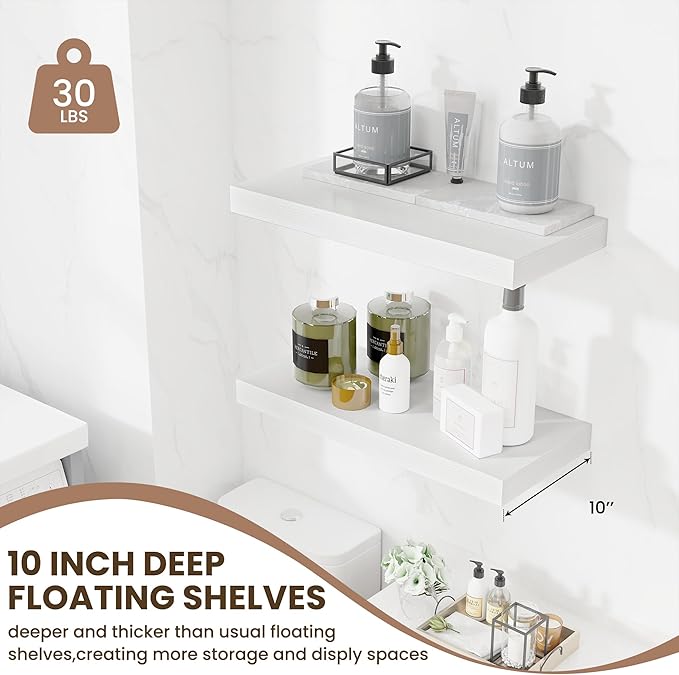 Fun Memories 24 x 10 Floating Shelves Wall-Mounted - Rustic Wood Shelf - 10 Inch Deep Floating Shelves for Wall - Large Storage Shelf for Bathroom - Kitchen & Bedroom - White - Set of 2