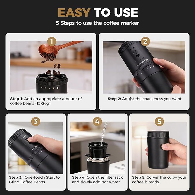 HAUSHOF Portable Coffee Maker, Camping Coffee Makers Travel Mini Coffee Maker, Portable Travel Coffee Maker with Grinder, Personal Cordless Travel Coffee Maker for Car, Camping, and Home