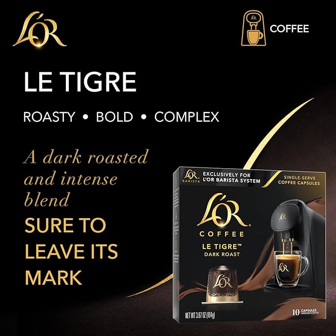 L'OR Coffee Pods, 10 Count Le Tigre Dark Roast Blend, Single-Serve Aluminum Coffee Capsules Compatible with the L'OR BARISTA System, 10 count (Pack of 1)