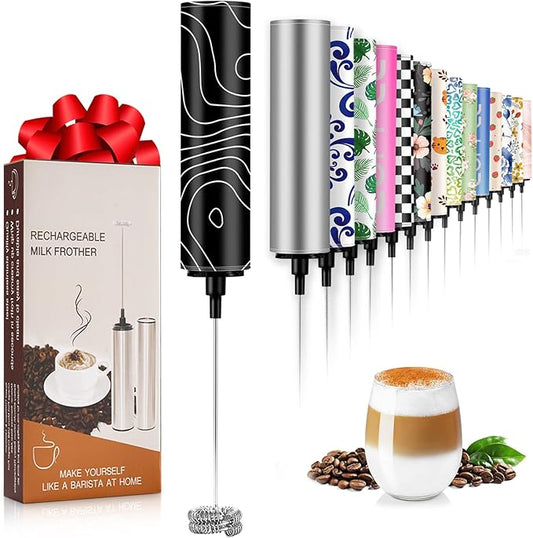 Milk Frother Handheld Rechargeable - 2-Speed Electric Whisk with 5 Detachable Heads (Frother/Mixer/Whisk) for Coffee, Latte, Cappuccino & Matcha, Drink Mixer (Flower 18)