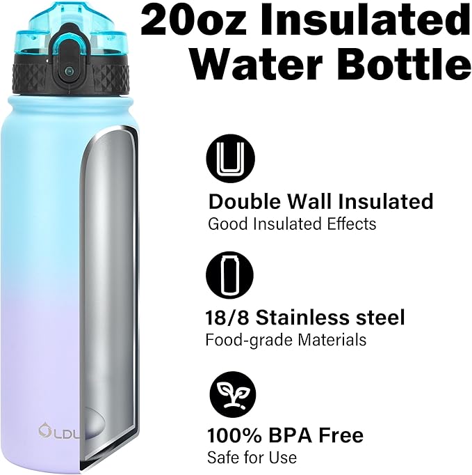 Oldley Insulated Water Bottle 20oz Water Bottles with Straw, Stainless Steel Water Bottle with 3 Lids, Double Wall Vacuum Bottels for Adults School Kids,Leak-Proof Sport Bottles, Ombre Blue-purple