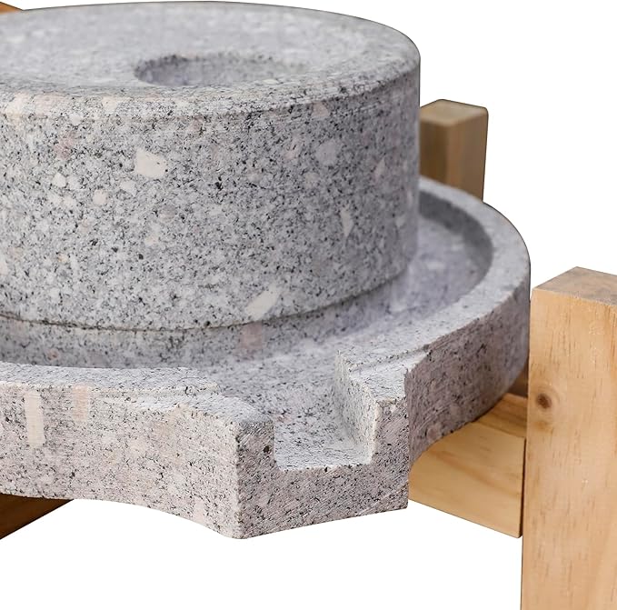 Artisanal Natural Stone Grain Mill (Solid Wood Base) - Household Grinder for Wheat/Spices & Coffee Beans, Ideal for Breads & Tortillas (9.84x13.8Inches)