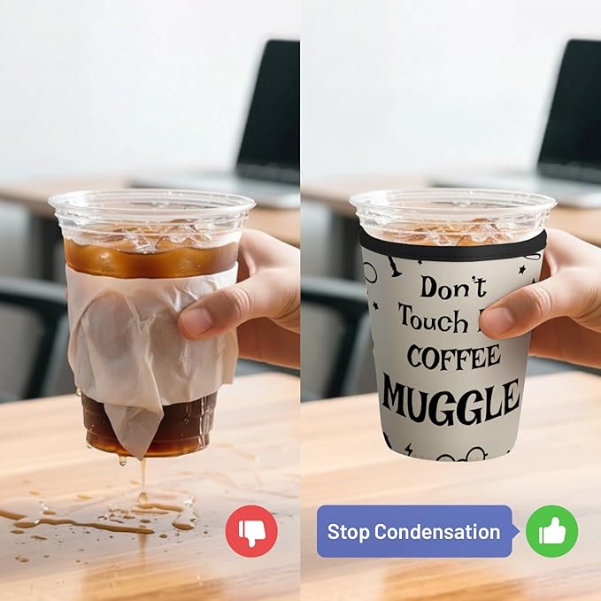 Iced Coffee Sleeve Reusable Cup Sleeves for Cold Drinks Neoprene Koozie Cozy Plastic Cup Covers for Drinks, Dont Touch