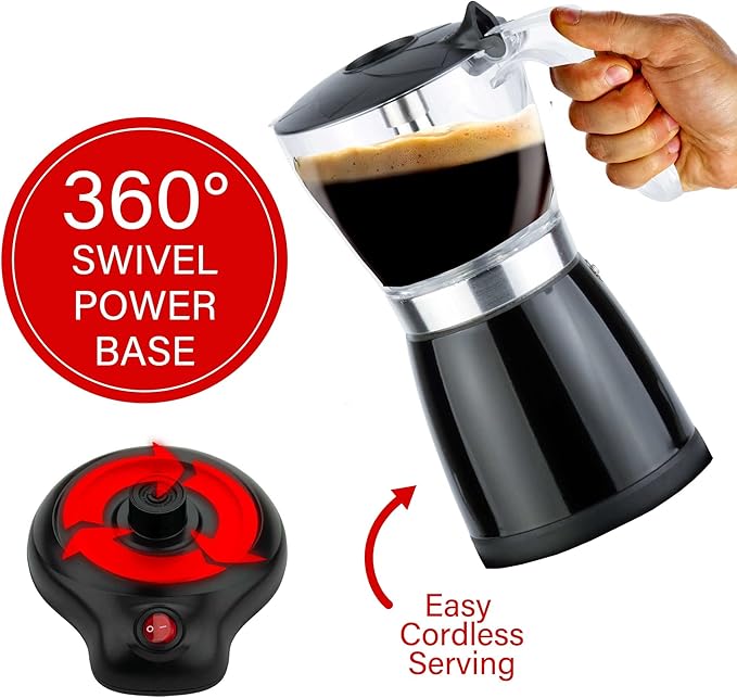 Brentwood TS-119BK 550-Watt Cordless Electric Moka Pot Espresso Machine, 6-Servings (Black)