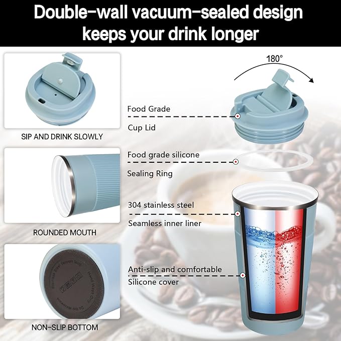 18oz Insulated Coffee Mugs with Ceramic Coating, Coffee Mug with Lid, Insulated Tumblers, Travel Coffee Mug Fits in Car Cup Holder