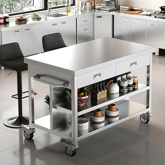 Stainless Steel Kitchen Island with Storage, Rolling Kitchen Island Cart on Wheels with 2 Drawers, Industrial Kitchen Cart, Commercial Portable Island for Kitchen, Bar, Outdoor Patio, 25 x 50 x 37 in