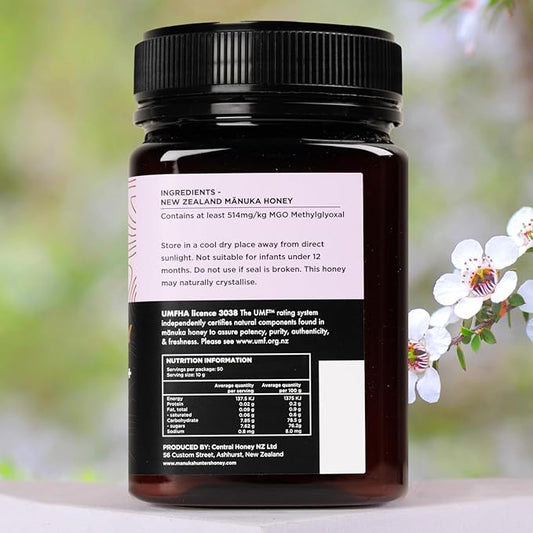 Manuka Hunters UMF 15+/MGO 514+ Certified New Zealand Manuka Honey - 100% Pure Natural Sweetener - Gluten, Dairy Free - Ideal for Tea, Coffee, Smoothies, and Baking - Sustainable - 1.1lbs/500g Jar