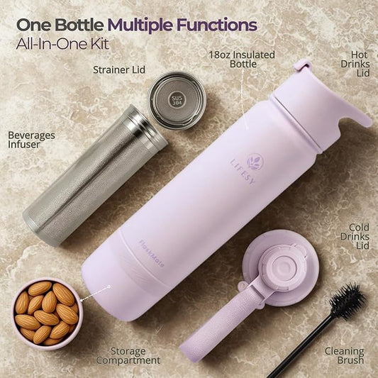 Tea Infuser Bottle & Cold Brew Travel Bottle – 18oz Insulated Flask with Storage, Filter & Dual Lids – For Work, Wellness & Gym – FLASKMATE All-in-One System (Mystic Lilac)