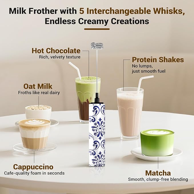 Milk Frother Handheld Rechargeable - 2-Speed Electric Whisk with 5 Detachable Heads (Frother/Mixer/Whisk) for Coffee, Latte, Cappuccino & Matcha, Drink Mixer (Flower 14)