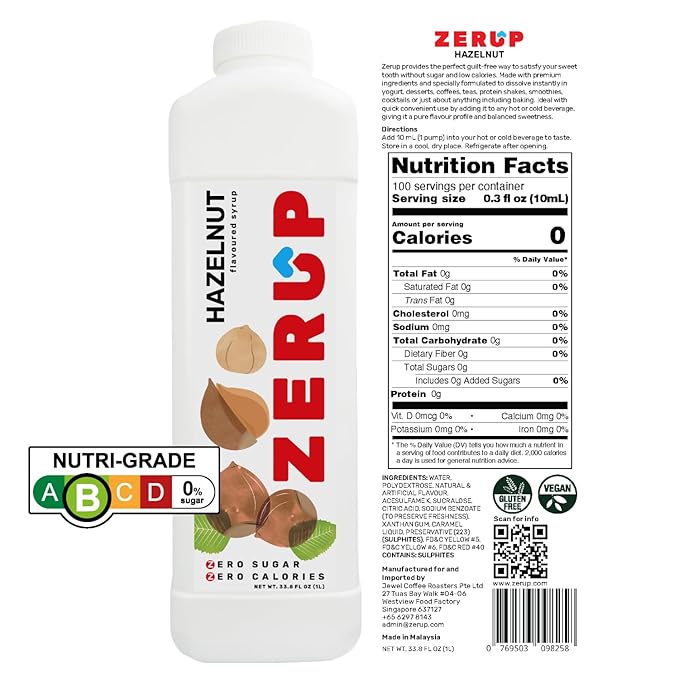 Zerup Zero Sugar Hazelnut Syrup, Sugar-Free Coffee Syrup, Zero Calories and Sugar, Keto Friendly, Ideal for Lattes, Cappuccinos, Espresso, Americano, Indulgent Taste 33.8 Oz (1L), Pack of 4