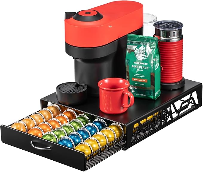 ZCDCP Pod Holder - Modern Sleek Black Metal Capsule Organizer for Nespresso Pods, Stylish Coffee Machine Stand for Coffee Bar, Office or Home Kitchen(50 Pods Capacity)