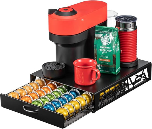 ZCDCP Pod Holder - Modern Sleek Black Metal Capsule Organizer for Nespresso Pods, Stylish Coffee Machine Stand for Coffee Bar, Office or Home Kitchen(50 Pods Capacity)