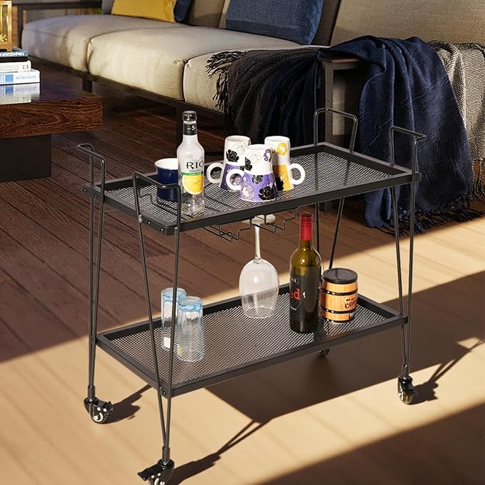2-Tier Rolling Bar Cart with Wine Glass Rack, Black Metal Mesh Design, Mobile Storage Trolley with 4 Universal Wheels (2 Lockable for Safety), Handle on All Sides, 28.3x14.6x27 Inches
