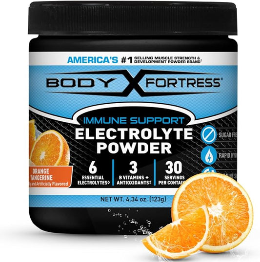 Body Fortress Electrolyte Powder Orange Tangerine - Rapid Hydration Drink Mix with 6 Essential Electrolytes & 3 B Vitamins - Sugar Free, Keto Friendly, No Color Added, Clear Hydration - 30 Servings
