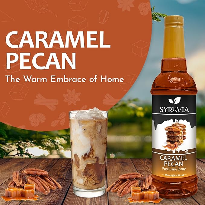 Syruvia Coffee Syrup, Caramel Pecan Flavored Syrup for Drinks, Lattes, and Desserts – 25.4 fl oz, With Pump