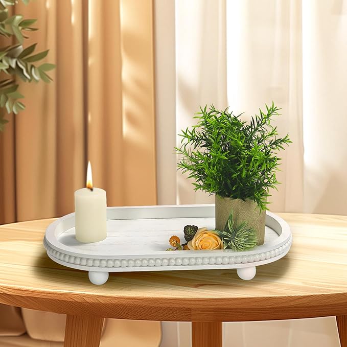 Wooden Decorative Tray for Home Decor, Beaded White Oval Tray Decor for Coffee Table, Rustic Wood Serving Trays Farmhouse Centerpieces for Living Room Kitchen Counter (White Oval)