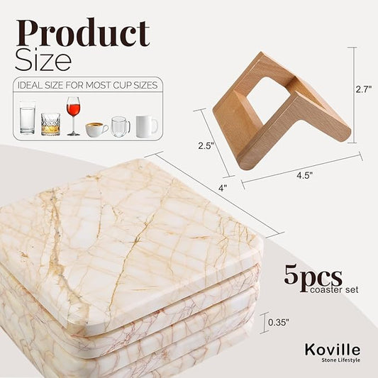 Koville Marble Coasters Set of 5, Square Coasters with Holder for Drinks, 4" Cup Coaster for Coffee Table Home Office Bar Decor, Heat Resistant Decorative Drink Coaster (White&Gold)