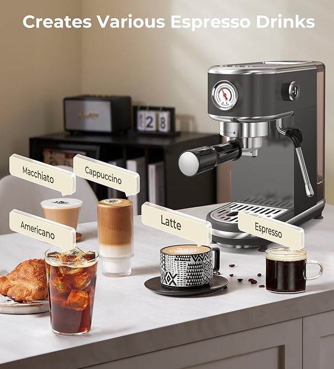 20 Bar Espresso Machine with Milk Frother, Compact Espresso Maker, Stainless Steel Coffee Machine with Precise Temp Control & 44oz Removable Water Tank for Latte, Cappuccino, Dark Grey