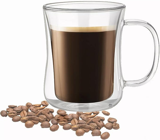 Double Walled Glass Coffee Mugs with Handles, 10 oz Clear Borosilicate Glass Slim Body Coffee Cup for Cappuccino, Tea, Latte,Milk,Wine, Hot and Cold Drinks