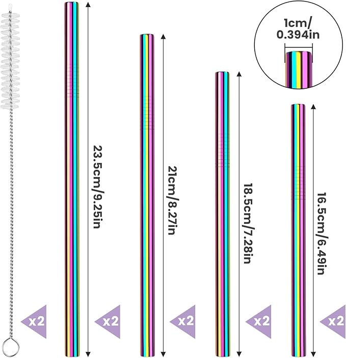 NiHome 8PCS Stainless Steel Straws for Owala Water Bottle, 4 Lengths Compatible with FreeSip 19oz 24oz 32oz 40oz, Tritan 25oz, Kids’ FreeSip 16oz, with Cleaning Brush & Travel Storage Bag (Iridescent)