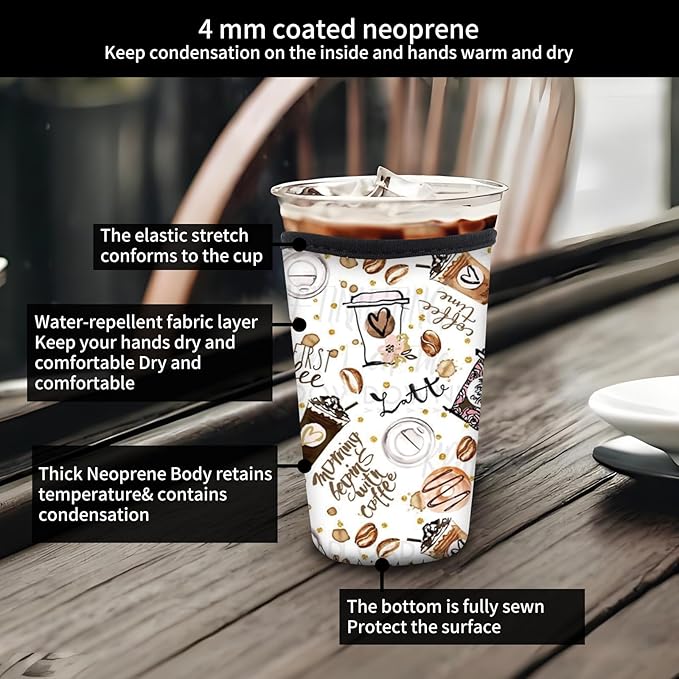Reusable Neoprene Insulator Sleeve for Iced Coffee Cold Soda Cups, Cute Durable Drink Sleeve for Cold Beverages, Medium 22-28oz Cup Sleeve Cute Coffe