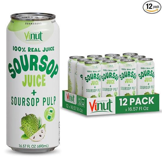 Vinut 100% Soursop Juice With Pulp (16.57 fl oz, Pack 12), No Sugar Added, Real Guanabana Soursop Graviola Drink, Fresh, Natural, Not from Concentrate (NFC)