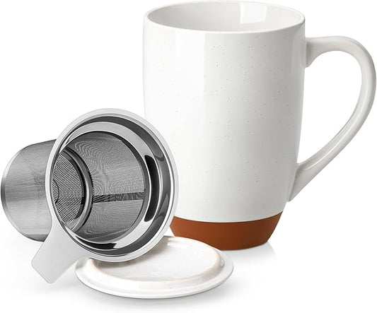MALACASA Ceramic Tea Mug with Lid and Stainless Steel Infuser, 18 oz Large Tea Cup for Loose Leaf Tea, Heat-Resistant, Microwave & Dishwasher Safe, Speckled Glaze Coffee & Tea Brewer Mug, Khaki White