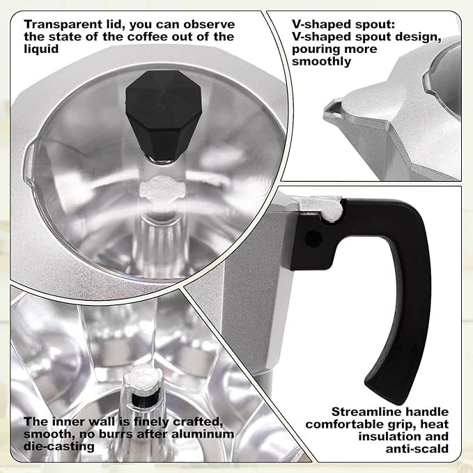 Vaolvpant Electric Aluminum Moka Pot 5-6 Cup 270ml Espresso Maker with Detachable Base Ideal Coffee Makers for Home MochaPot Italian and Cuban Café Coffeemaker Espressomaker CoffeePot Silver