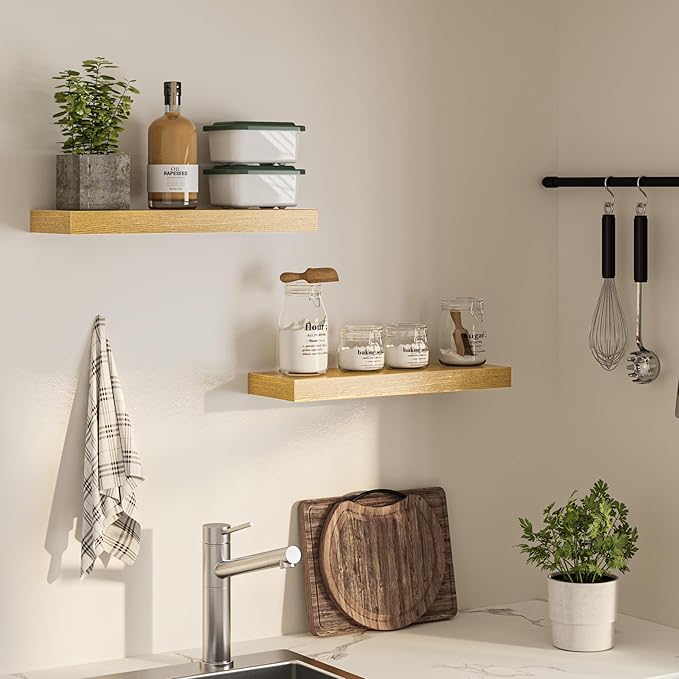 Floating Shelves for Wall, 24" W x 6.7" D x 1.5" H, Wooden Wall Mounted Display Shelves with Invisible Brackets for Living Room, Bedroom, Bathroom, Kitchen Decor and Storage, Set of 2, Oak